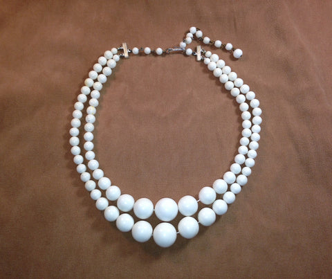 Vintage 1960's White Plastic Bead 2-Row Necklace