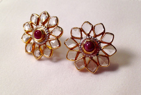 Ruby & White Topaz Gold Plated Sterling Silver Earrings